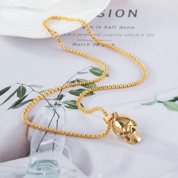 Gold Skull Pendant Necklace -  Steampunk, Goth, Biker ,‎ Punk Jewelry - Picture 2 of 4